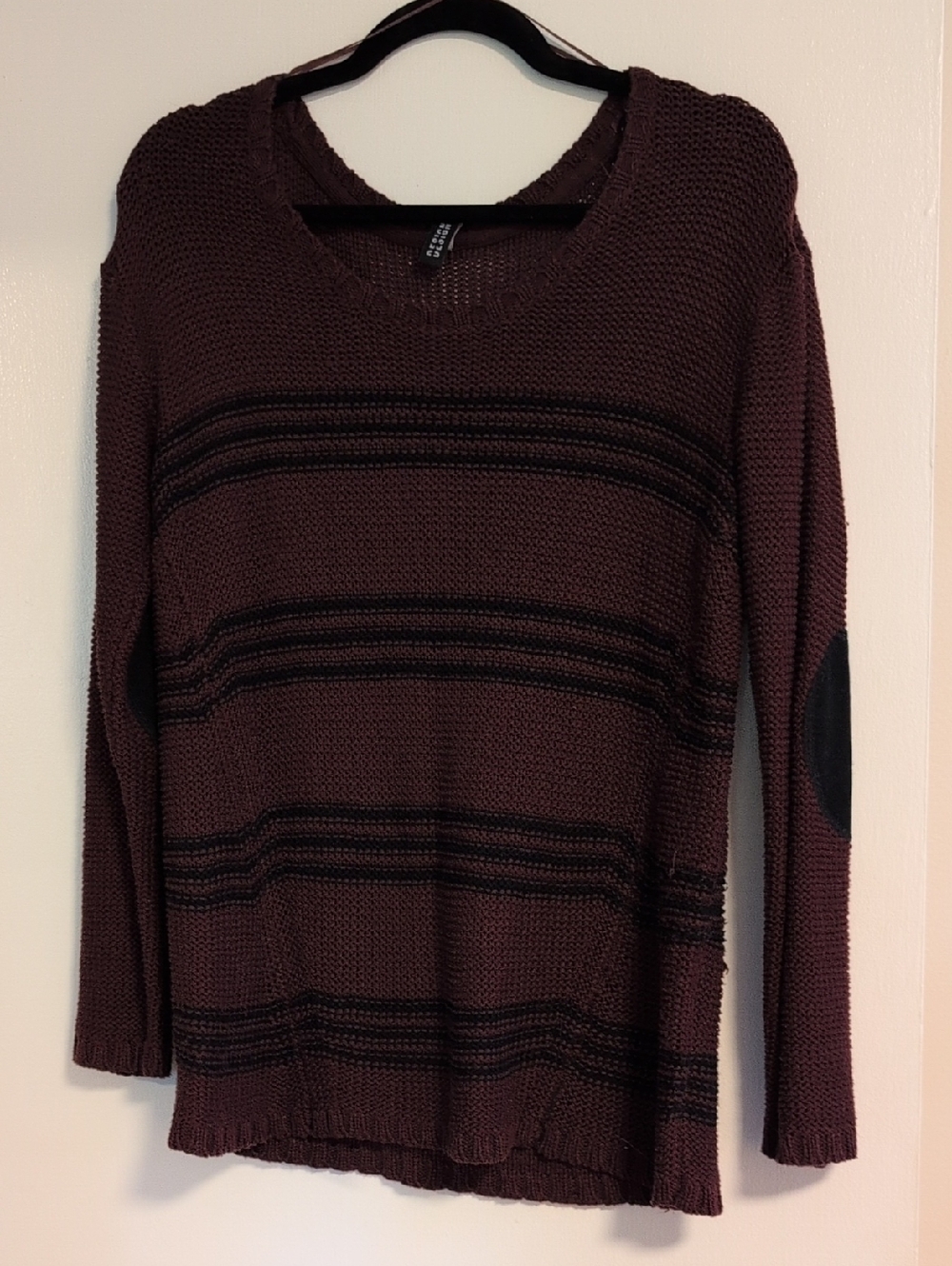 Design Lab Lord & Taylor Brown Striped Crewneck Sweater with Elbow Patches